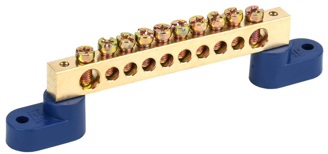 Шина нульова УЕК ШНІ-8х12-10-У2-С 10 отворів на двох кутових ізоляторах мідь 8х12 мм (YNN10-812-10C2-K07)