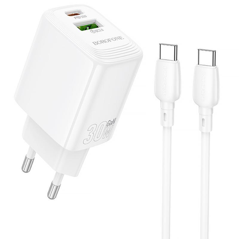 Зарядний пристрій мережевий Borofone BN29 Fuente PD30W/QC3.0 1USB-A/1C з кабелем Type-C to Type-C White (00000079667_1)