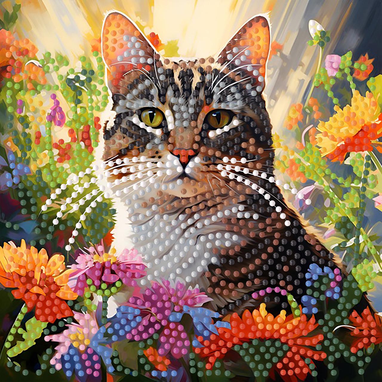 Алмазна мозаїка Strateg Кіт серед квітів на паперовій основі 18х18 см (ZAV1818-12)