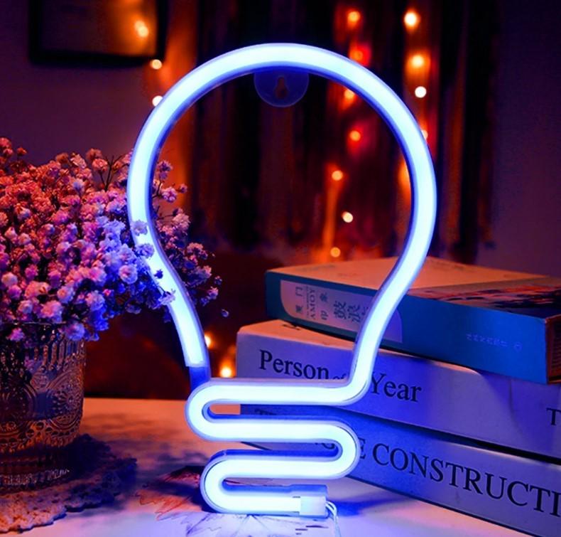 Нічник настінний неоновий Decoration Lamp Лампочка USB 5 В 3хАА 26х17 см Синій (13540359)