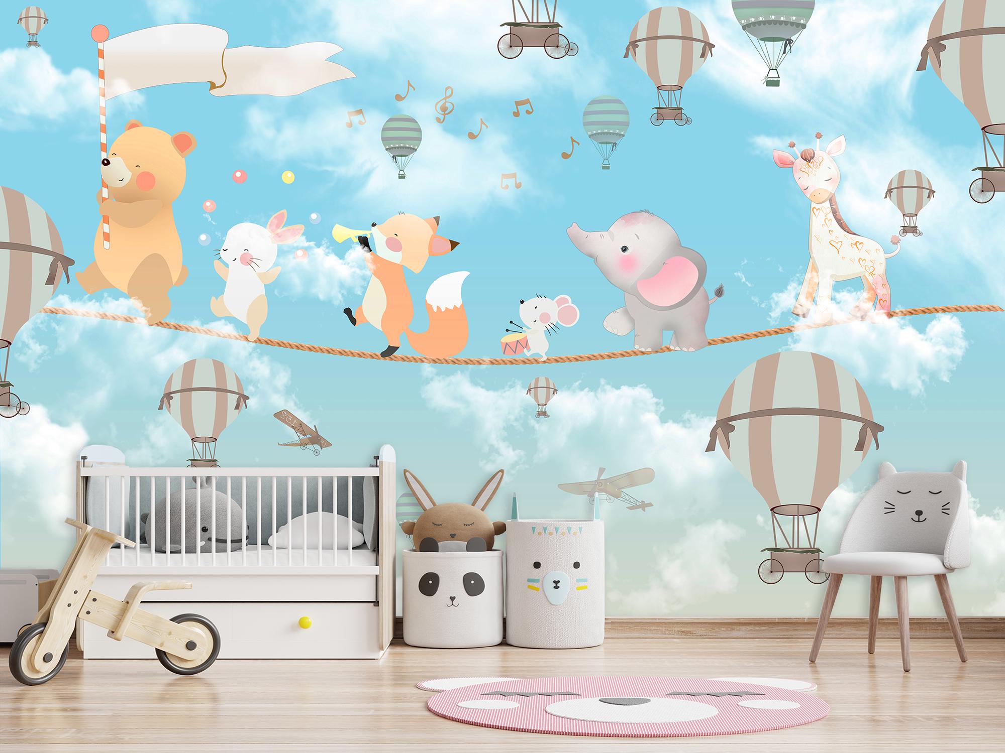 Фотообои флизелиновые Милые зверюшки на канате на фоне неба 368х245 см (S5KID-039/7)