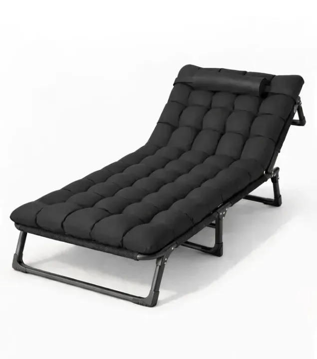 Лежак складной с матрасом и подголовником регулируемый 178х56х30 см Черный
