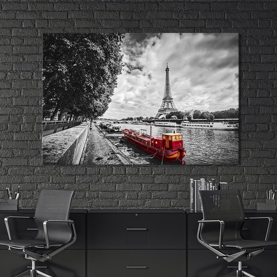 Настенный декор картина на холсте для интерьера Река возле Эйфелевой башни 120x80 см (359-1)