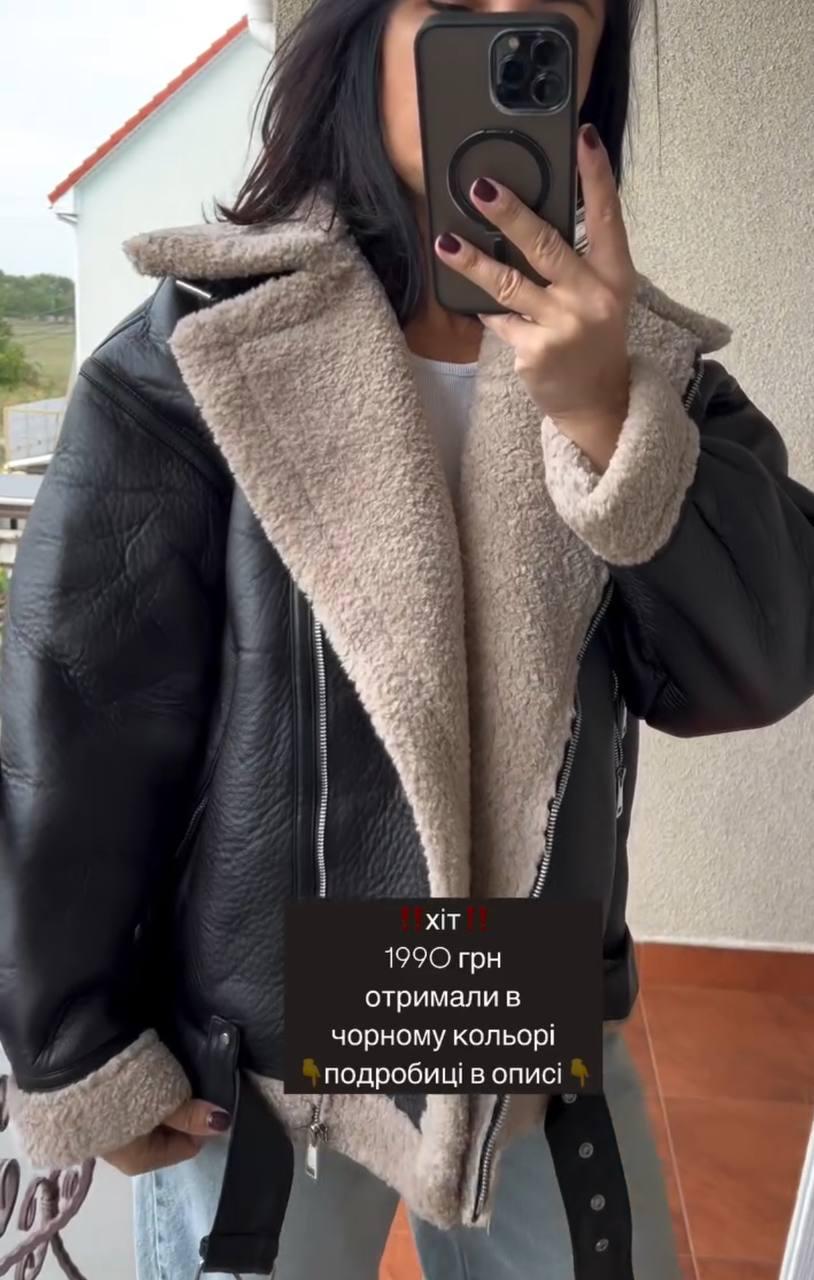 Дублянка жіноча Aftf Basic 264 подовжена оверсайз хутро пілот блискавки з ременем L Чорний (2783) - фото 10