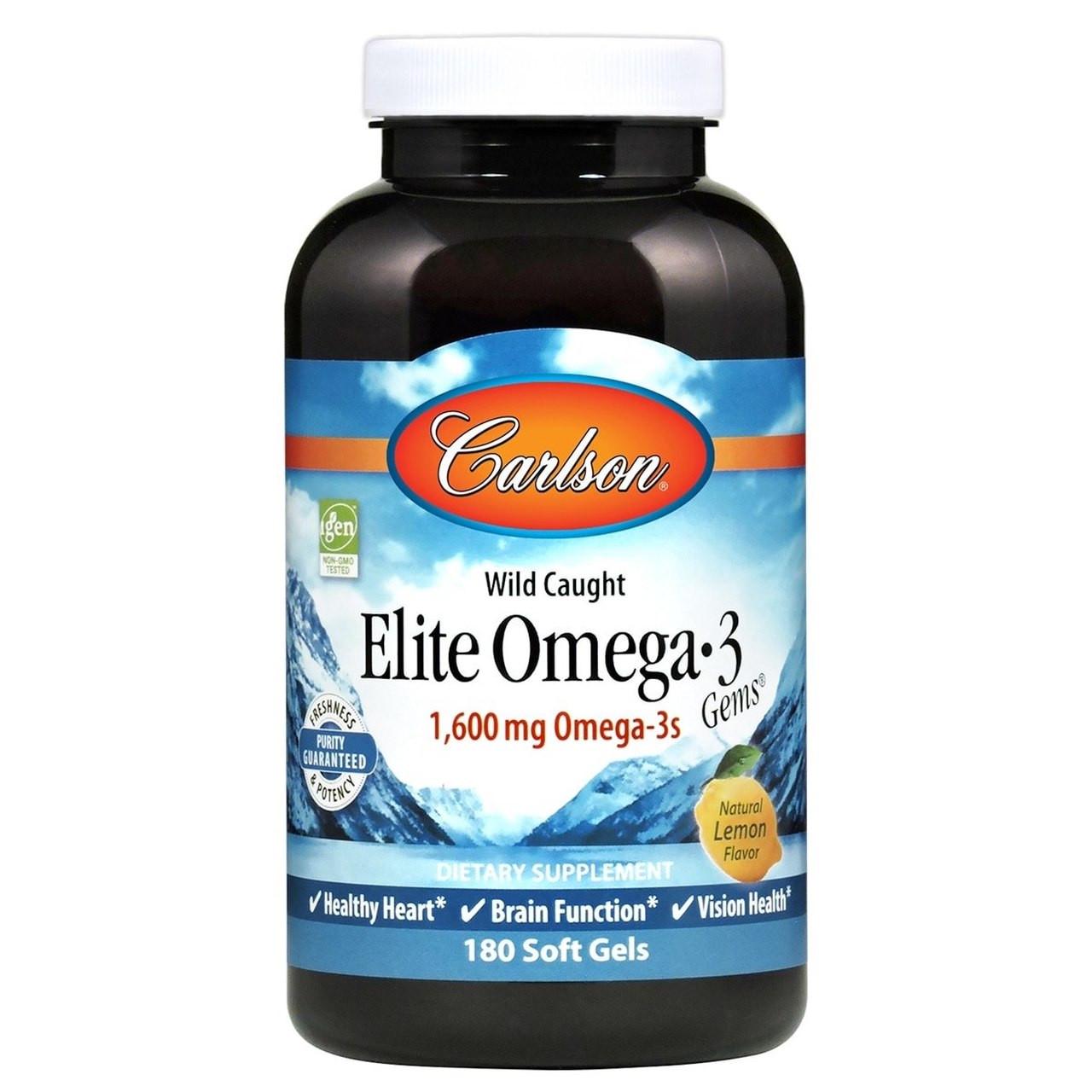 Омега 3 Carlson Labs Elite Omega-3 Gems 1600 мг 180 Soft Gels Natural Lemon Flavor