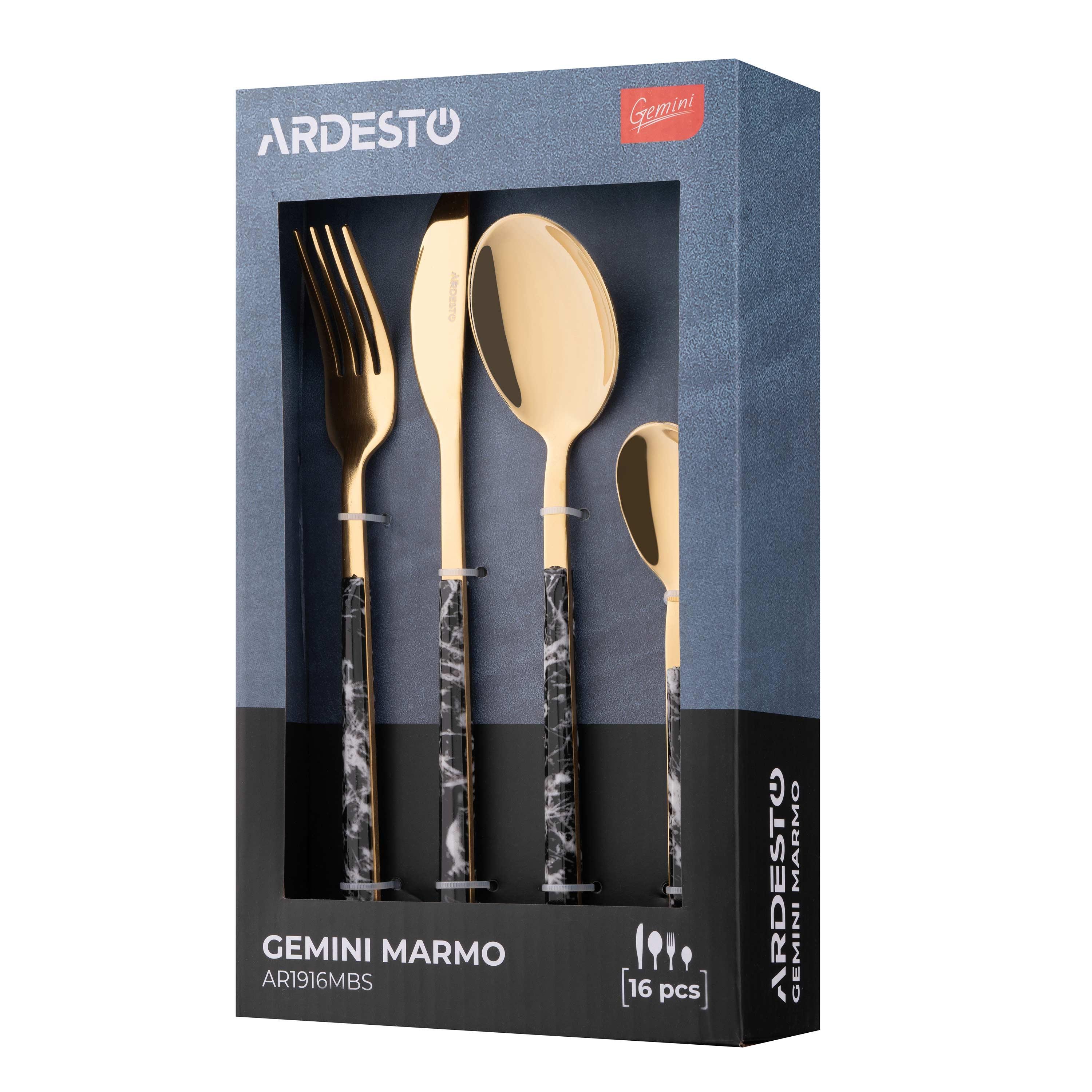 Набор столовых приборов Ardesto Gemini Marmo 16 предметов из нержавеющей стали и пластика Золотистый/Черный (AR1916MBS) - фото 6 Набор столовых приборов Ardesto Gemini Marmo 16 предметов из нержавеющей стали и пластика Золотистый/Черный (AR1916MBS) - фото 6