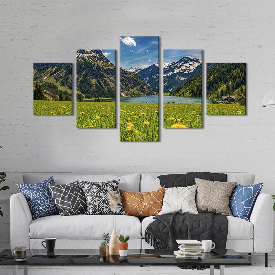 Модульная картина из 5 частей на холсте интерьерная картина Озеро Вильсальпзе и горы на заднем плане 162x80 см (609-52)