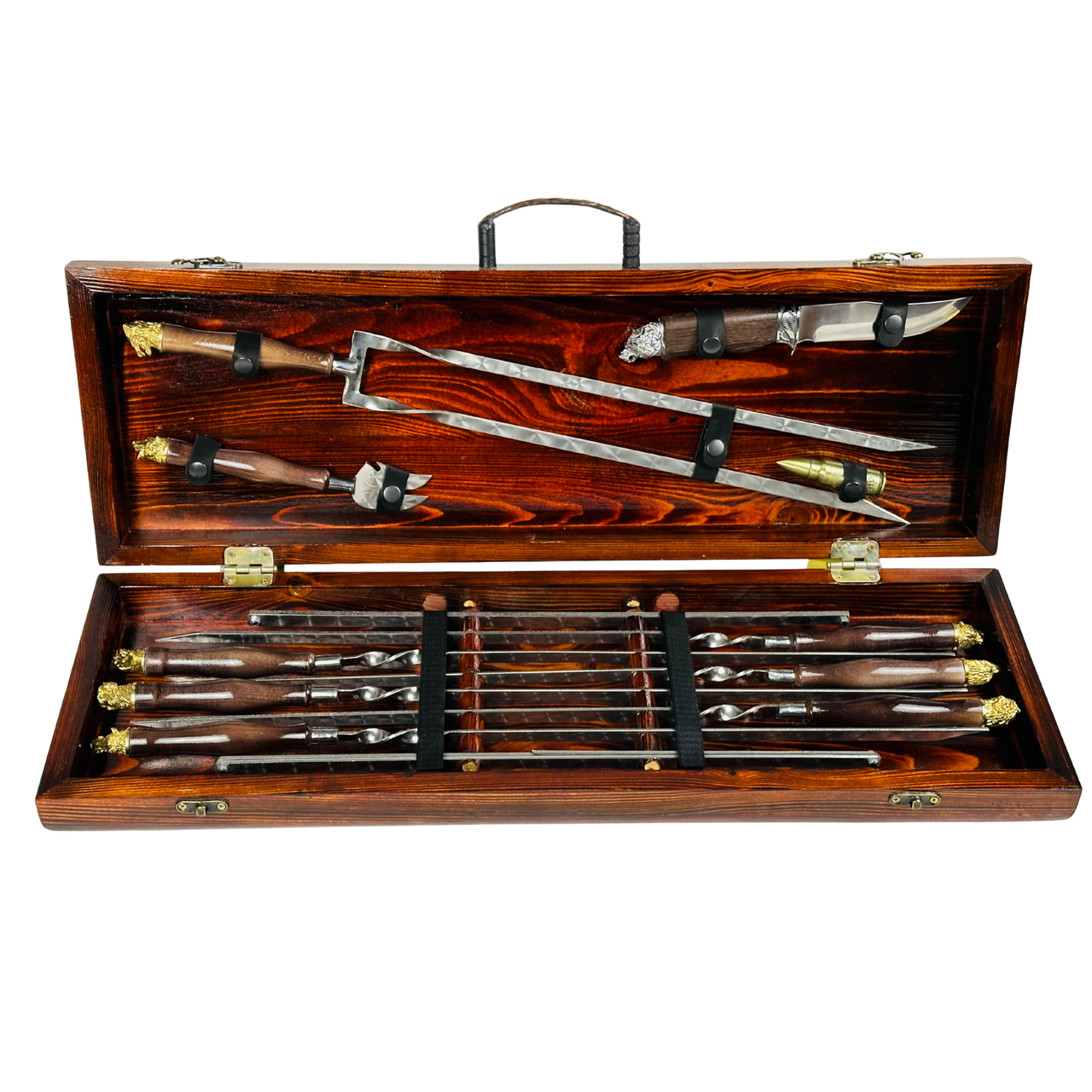 Набор шампуров ручной работы Сафар-2 с латуным литьем голов зверей в деревянном кейсе