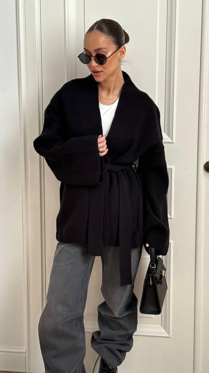 Кардиган женский с поясом ангора вязка р. 42/48 Черный (31986512)