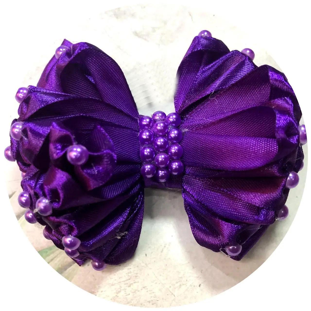 Бантик для волос детский с бусинками на заколке 11х9х6 см Фиолетовый (10574)