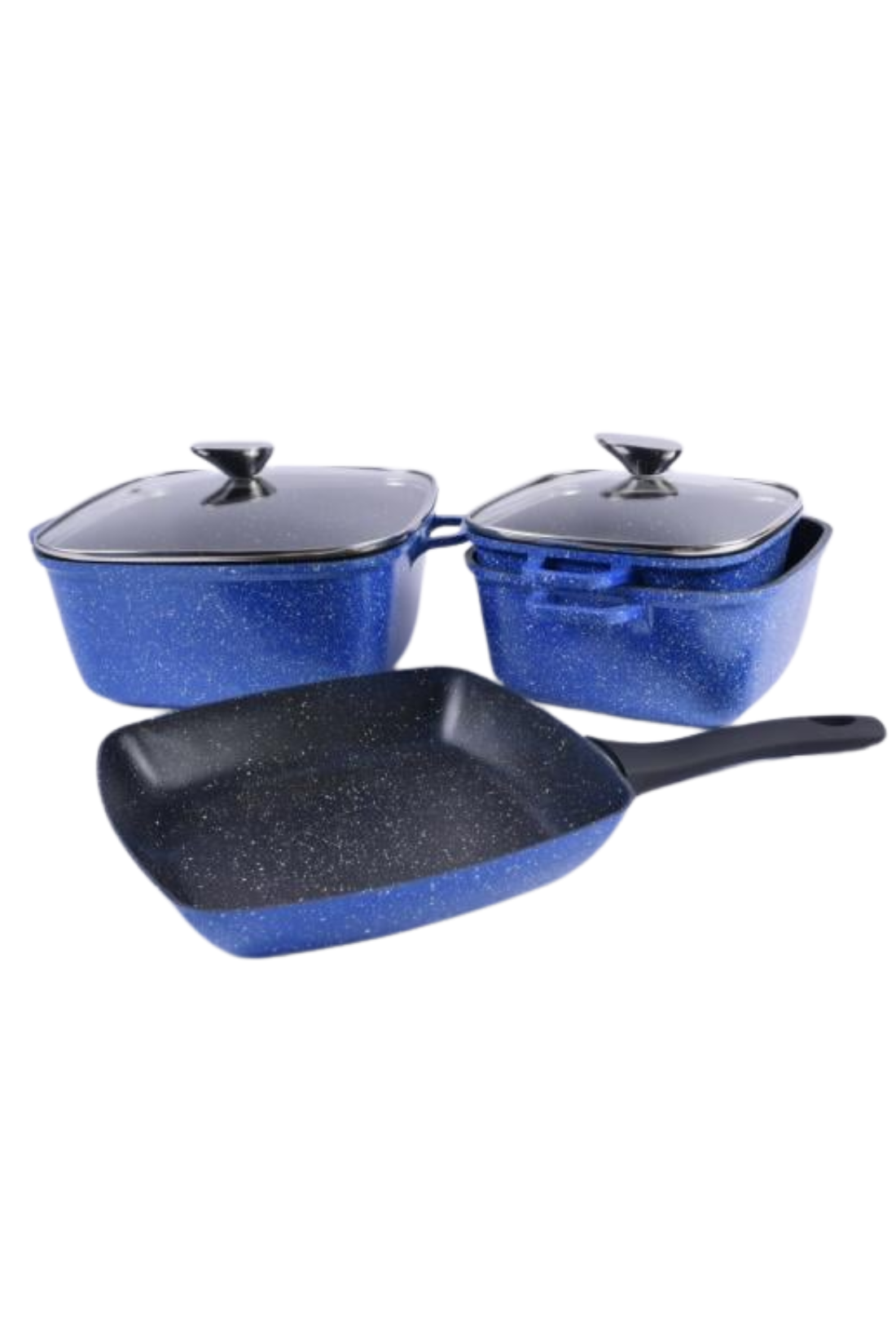 Набор квадратных кастрюль со сковородой Benson BN-387 из литого алюминия и гранитным антипригарным покрытием 7 пр. 2,1/3/5,1 л Синий с белым (BN-387)