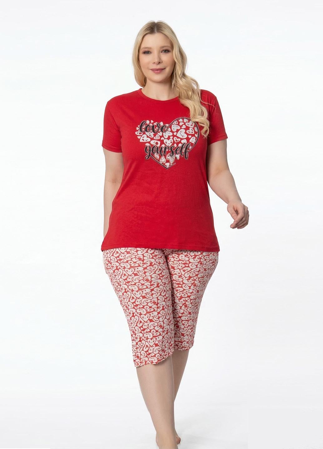 Пижама женская C 28025-1 футболка и капри хлопок ХХL Красный (34983686)