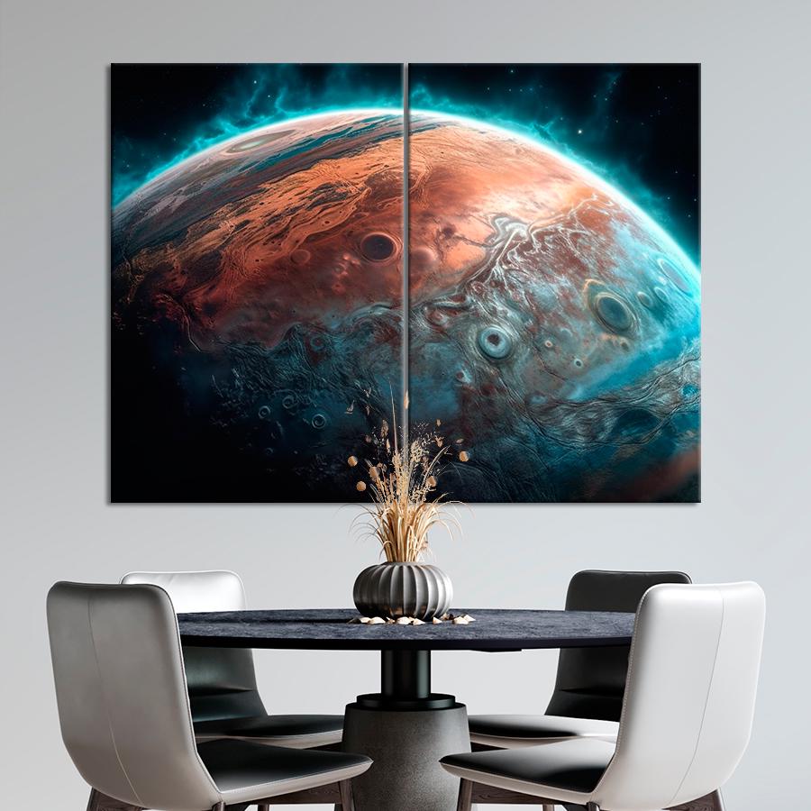 Картина космос Оранжевая планеты с голубым сиянием 165x122 см (A1286-2)