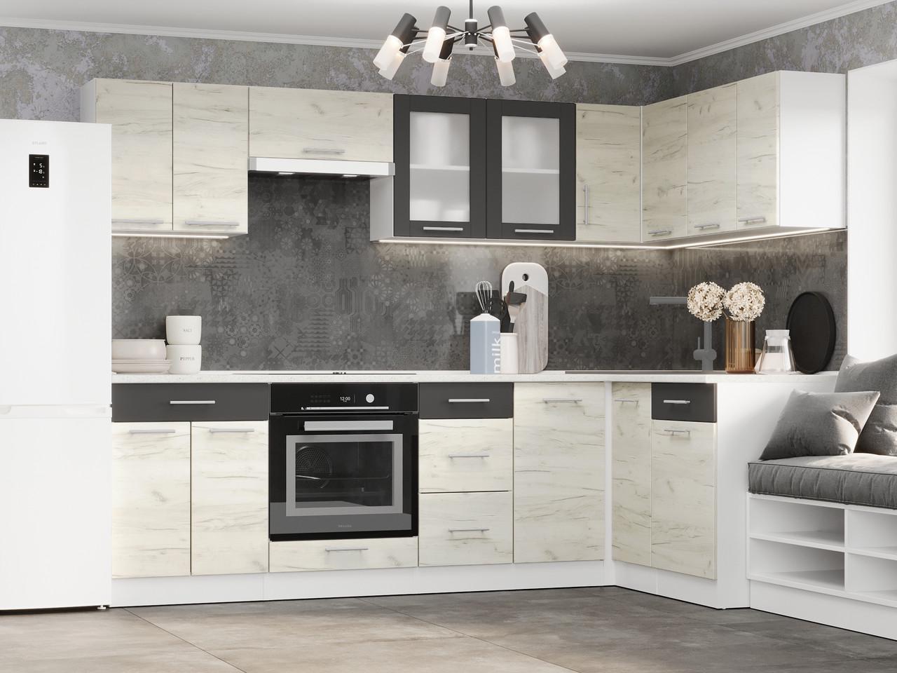 Комплект угловой кухни №2 Эверест Эко Нова 2,6х1,4 м без столешницы Крафт белый/Графитовый (ЕК-27002.02) - фото 1 Комплект угловой кухни №2 Эверест Эко Нова 2,6х1,4 м без столешницы Крафт белый/Графитовый (ЕК-27002.02) - фото 1