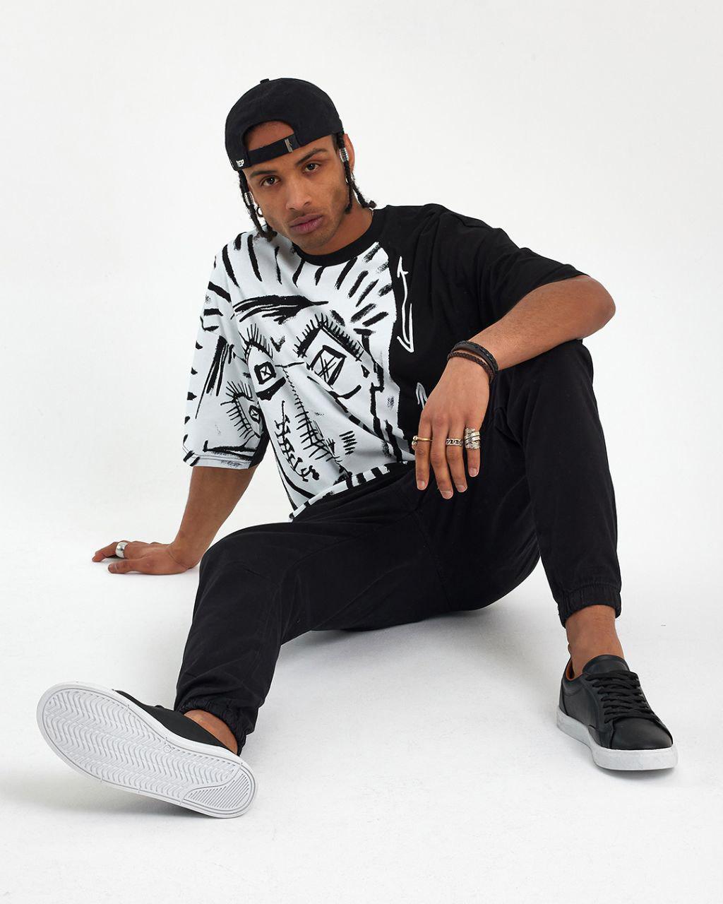 Футболка oversize с принтами L Черно-белый (0088)