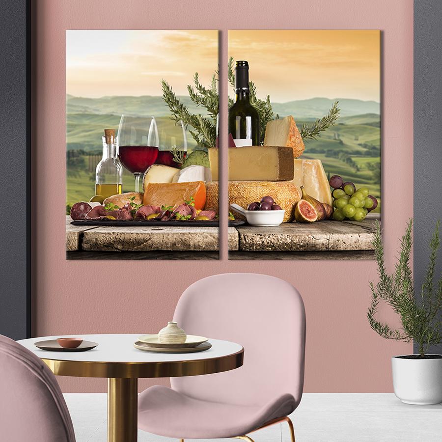Настенный декор диптих картина на холсте для интерьера Деликатесные сыры и вино 111x81 см (304-2)