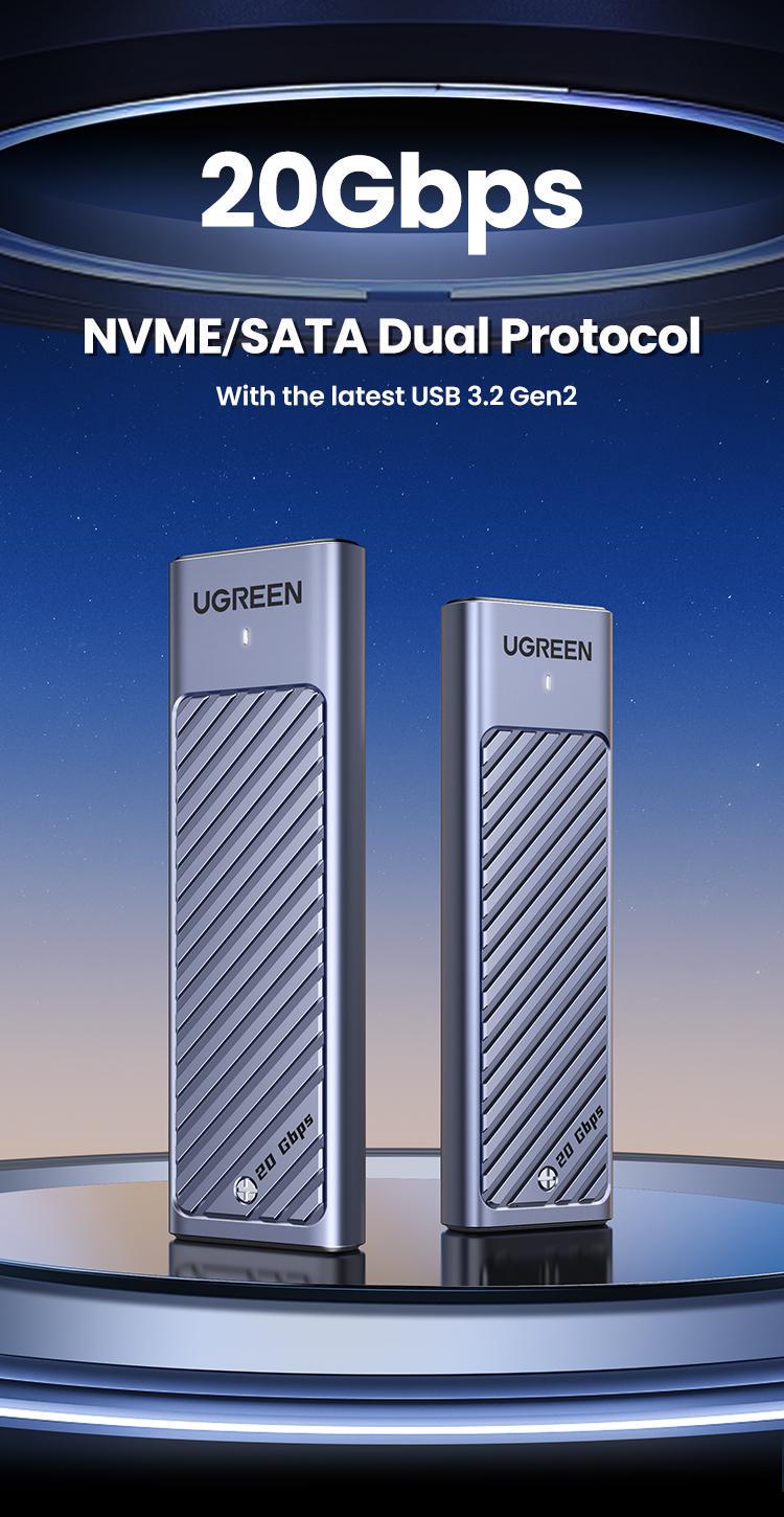 Корпус UGREEN для M.2 NVME та SATA SSD дисків 20 Гбіт/с з Кабелем M та B&M 2280/2230/ 2242/2260 для PCI-e та NGFF Сріблястий (35576) - фото 2 Корпус UGREEN для M.2 NVME та SATA SSD дисків 20 Гбіт/с з Кабелем M та B&M 2280/2230/ 2242/2260 для PCI-e та NGFF Сріблястий (35576) - фото 2