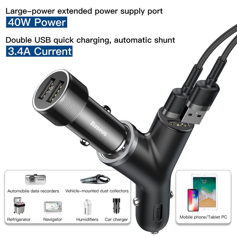 Адаптер автомобільний BASEUS cigarette lighter extended car charger 2USB 3,4 A 40 W - фото 3