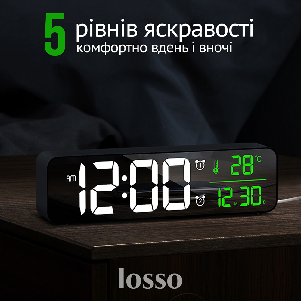 Годинник настільний Losso Premium (GT) LONG електронний з LED підсвічуванням та будильником Чорний (275757588) - фото 2