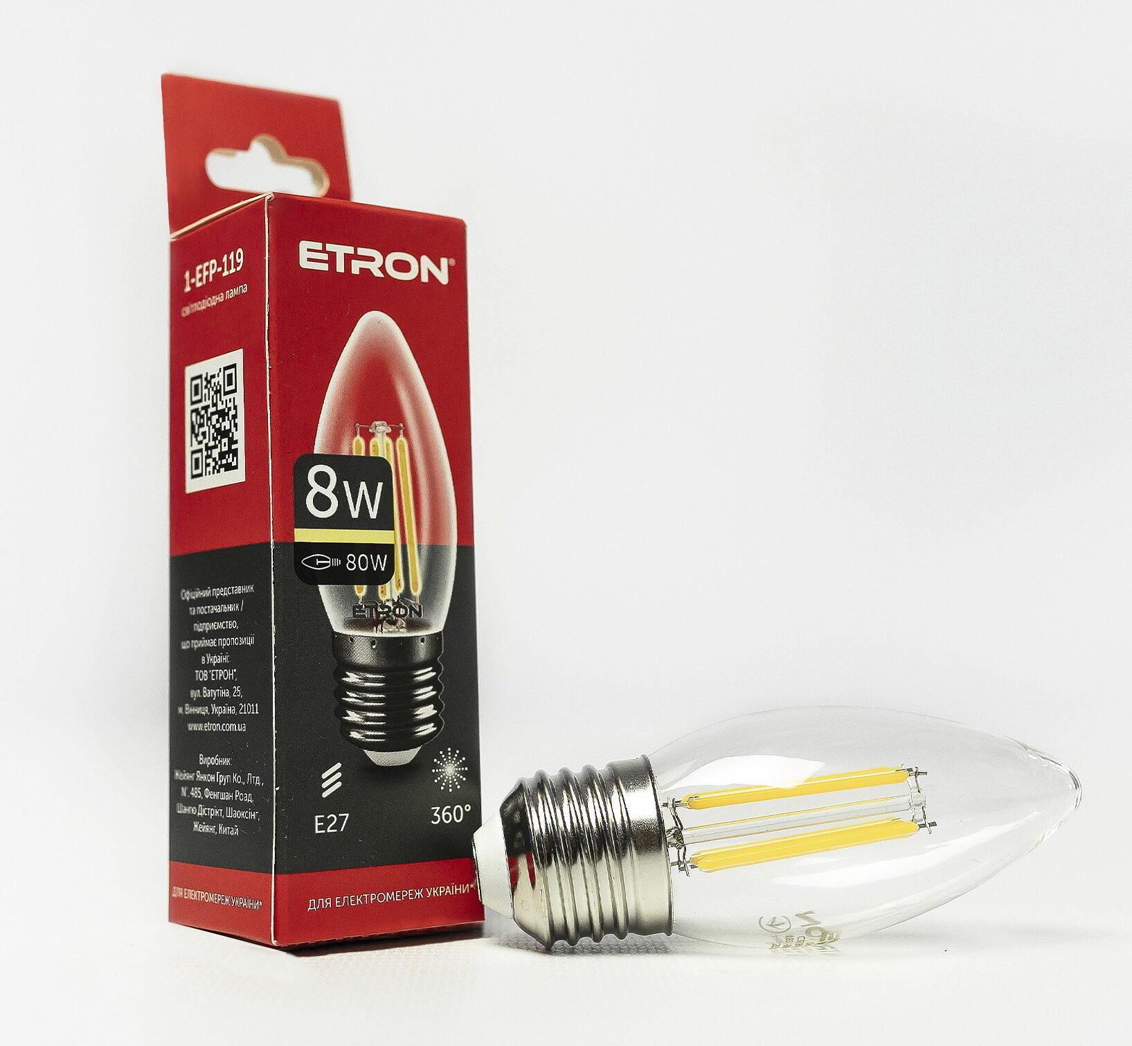 Светодиодная филаментная лампа ETRON Filament C37 8W E27 3000K Прозрачный (13985)