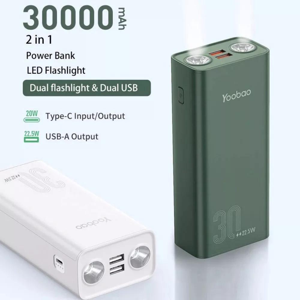 Повербанк с фонариком Yoobao 30000 mAh 2USB/1Type-C 20W Зеленый - фото 3