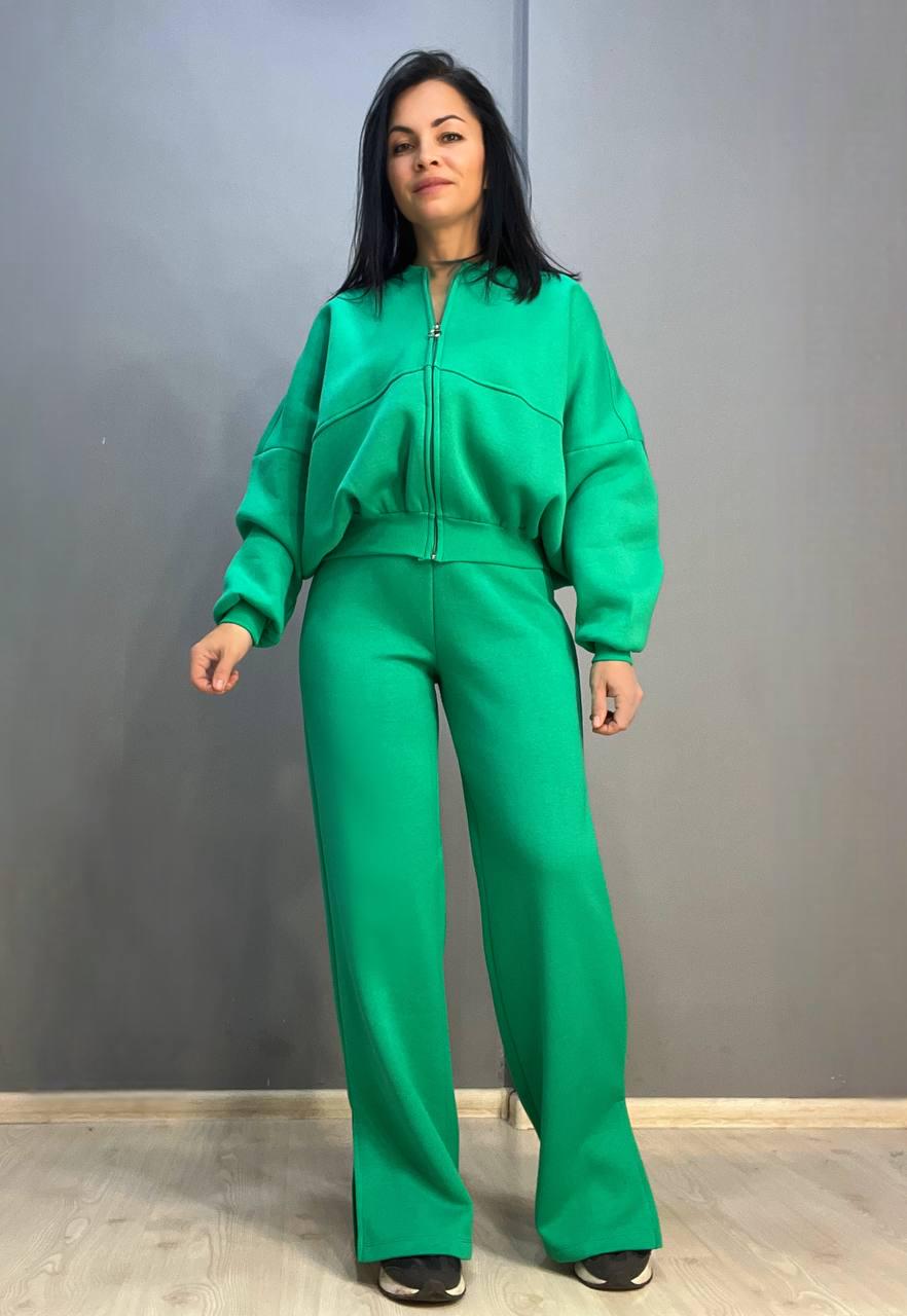 Костюм жіночий QUZEN 472-472 пілот брюки палаццо широкі фліс S Зелений (758)