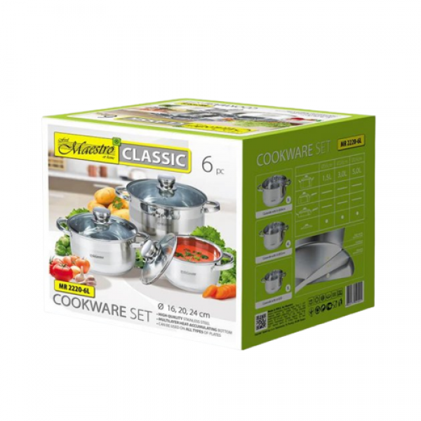 Набор посуды Maestro из нержавеющей стали со стеклянными крышками 1,5 /3/5 л 6 пр. (a5cda400) - фото 6 Набор посуды Maestro из нержавеющей стали со стеклянными крышками 1,5 /3/5 л 6 пр. (a5cda400) - фото 6