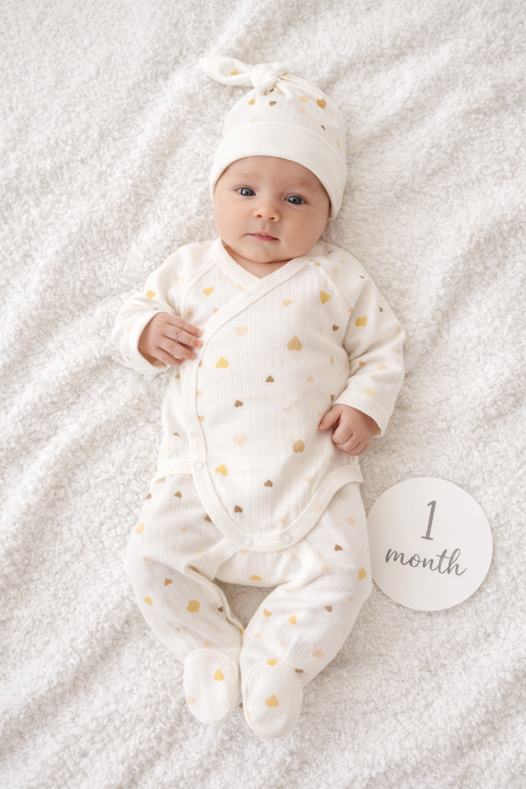 Комплект для новонароджених в рубчик Тімі текс Помаранчеві сердечка боді на запах/повзунки/шапочка 56 см Молочний