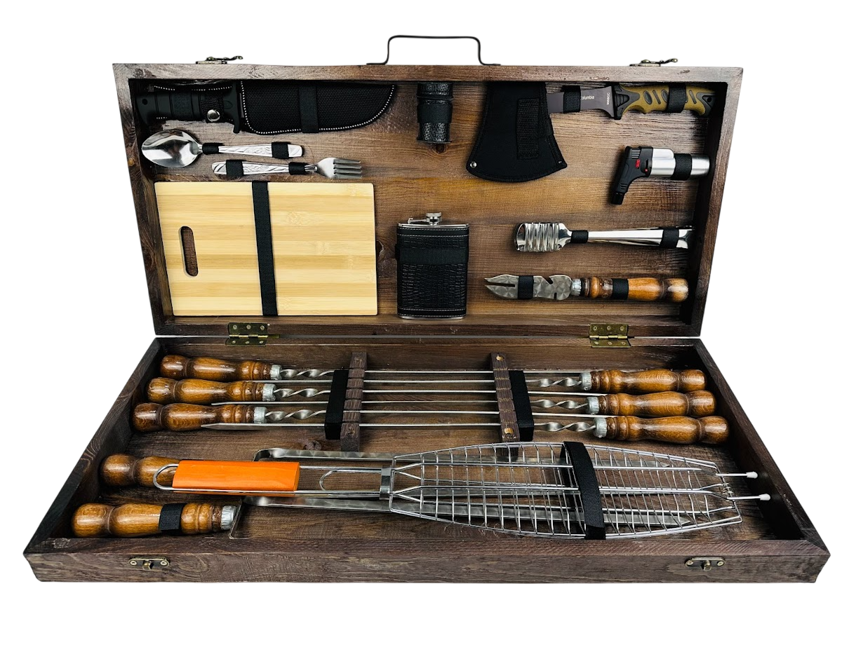 Набор шампуров Шашлычник Лайт Кизляр с аксессуарами для пикника 34 предмета в деревянном кейсе 74х34х10 см Коричневый (124-10-KS-7509)