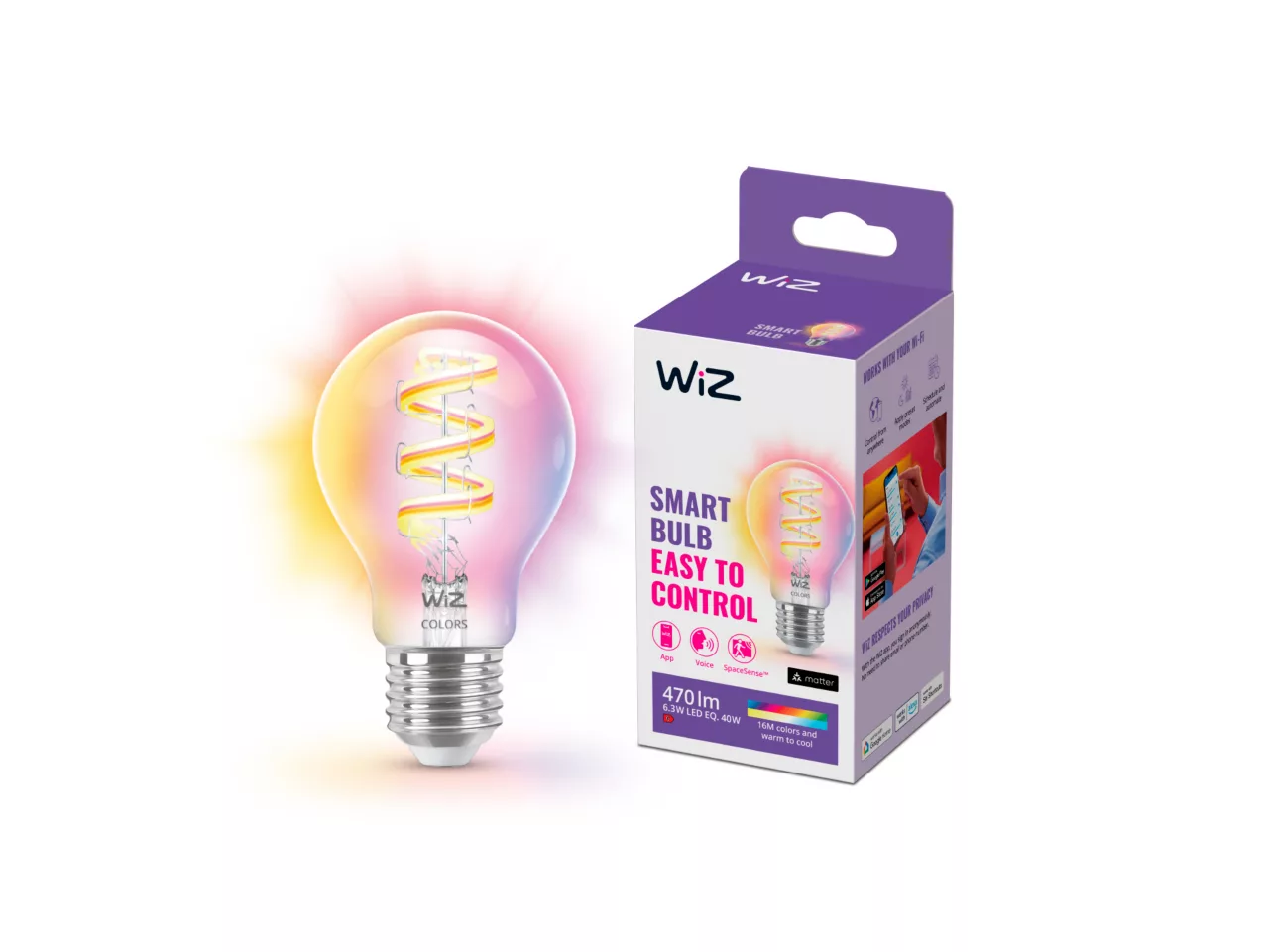 Умная лампа WiZ Filament E27 Ambiance RGB A60 6,3W 470lm Wi-Fi Matter Bluetooth White/Color (3100942330)
