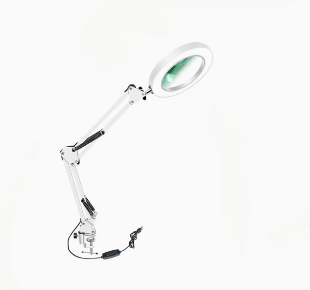 Лупа настольная с зажимом со стеклянной линзой и LED-подсветкой 3 режима света USB поворотное плечо (Н-726)