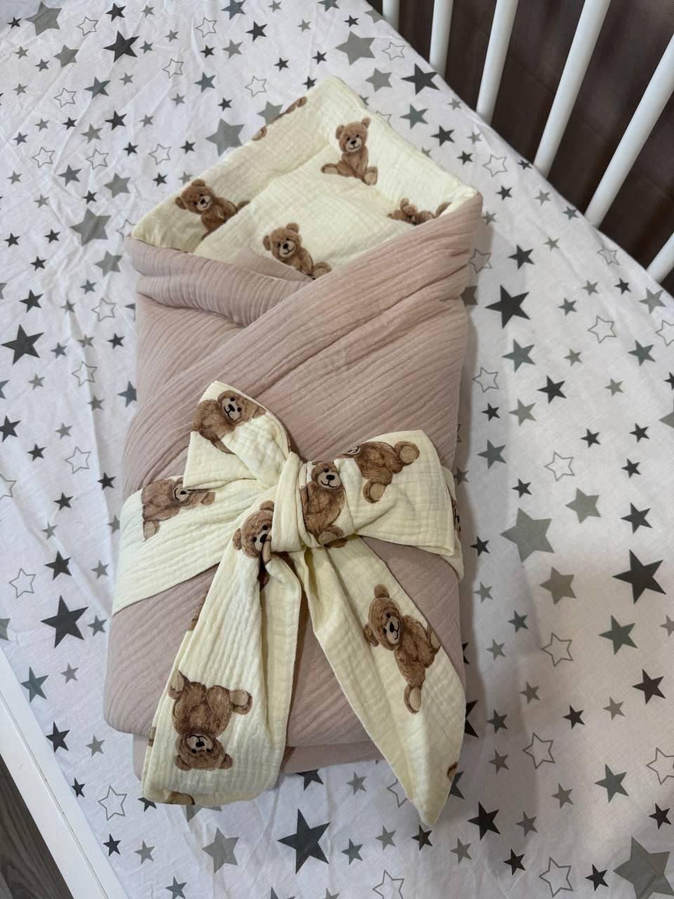 Конверт одеяло для выписки Мишки из роддома муслиновый 75х100 см Капучино (П4К-am-bant-003)