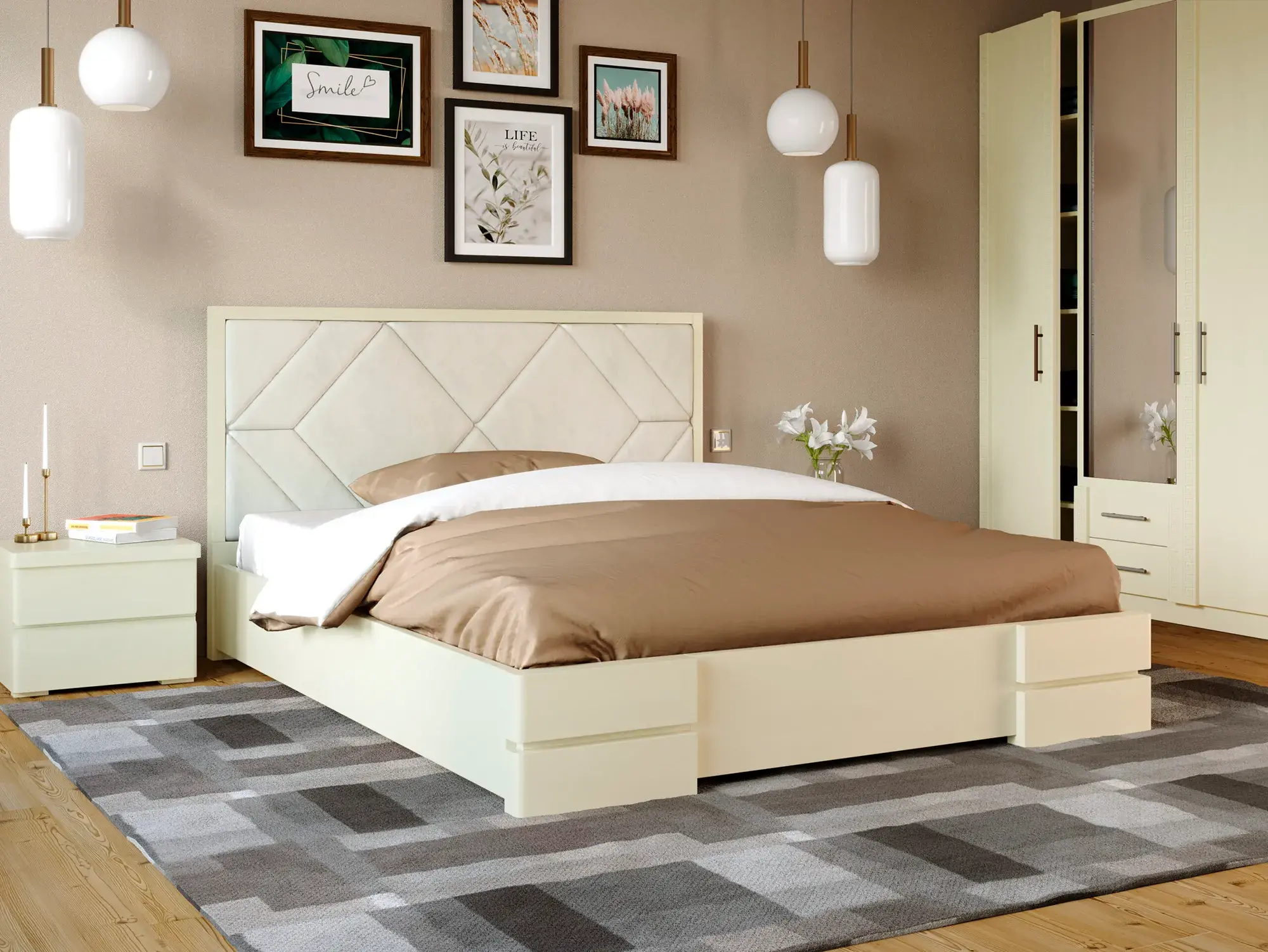 Кровать двуспальная Arbor Drev Тифани с подъемным механизмом 180х200 см Белый (49036)