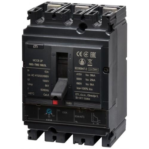 Автоматичний вимикач корпусний ETI NBS-TMS 100/3L 63A 36 kA 3P (4673005)