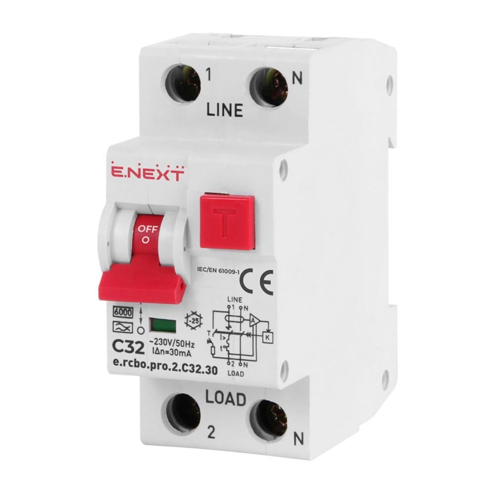 Вимикач диференційного струму E.NEXT e.rcbo.pro.2.C32.30 1P+N 32А С тип А 30мА - фото 1