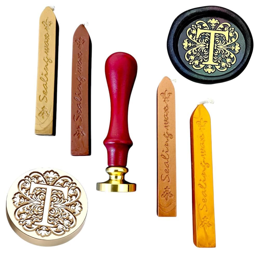 Набор факсимиле сургучная печать с буквой T и 4 палочки сургуча (5520-20)