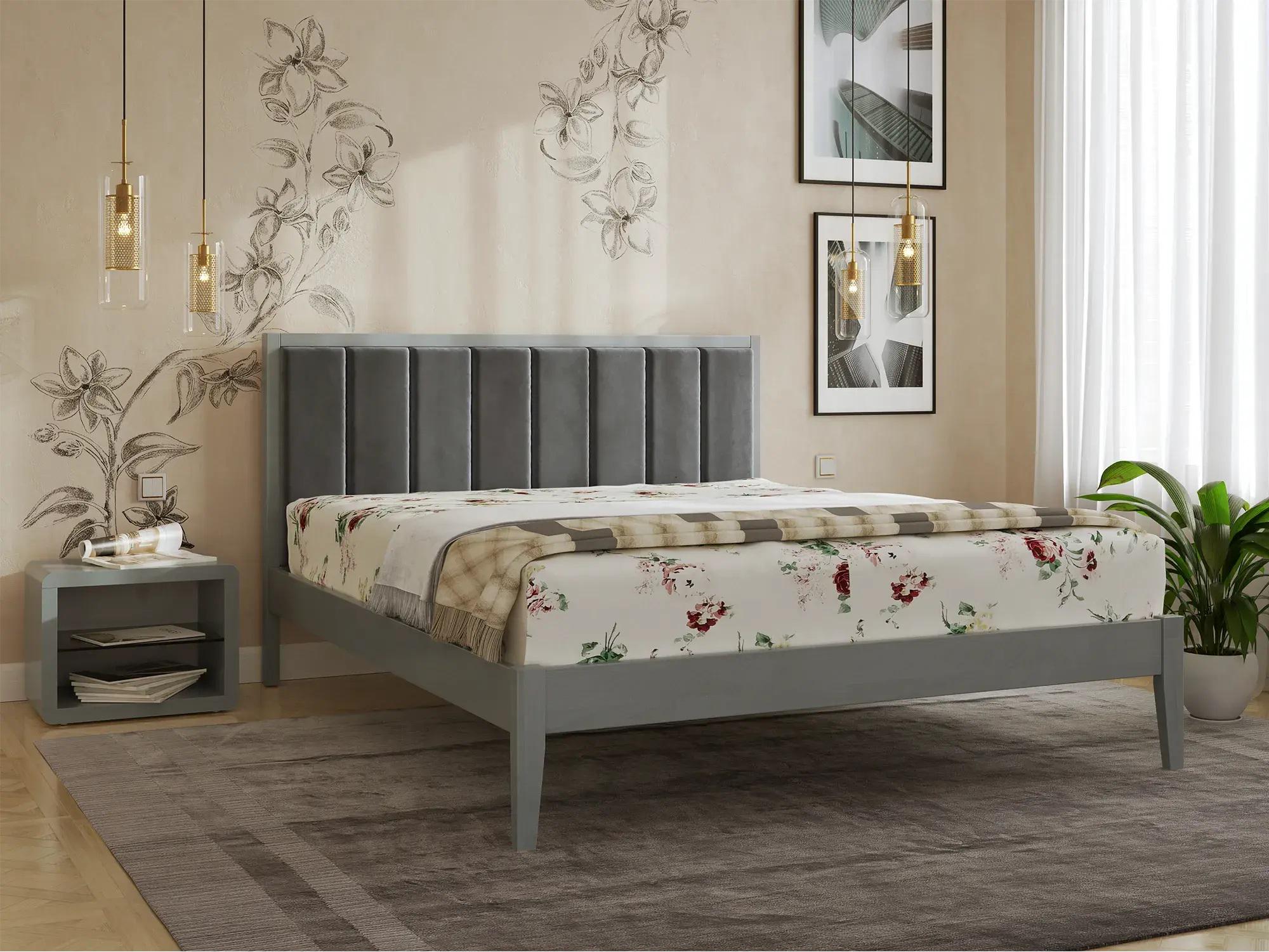 Кровать двуспальная Arbor Drev Грация Премиум из натурального дерева бук/текстиль 180х200 см Серый/Серый (51301)