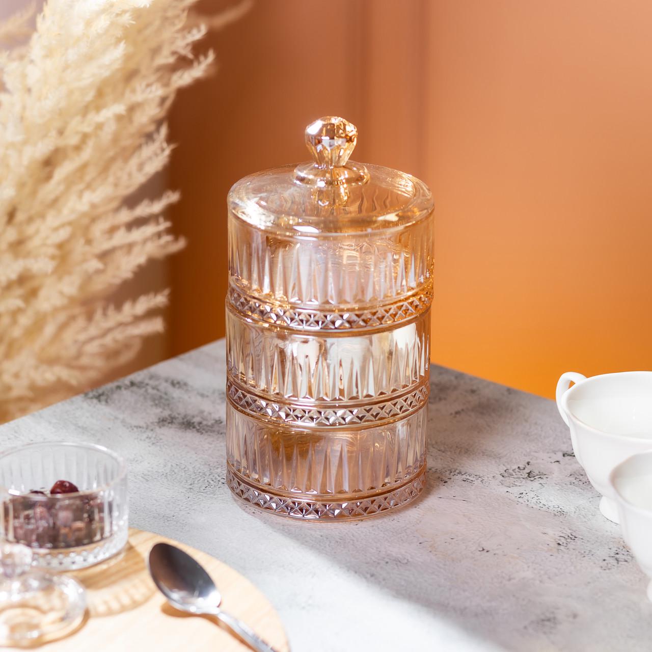 Конфетница трехъярусная стеклянная с крышкой круглая Ø 10 см Коричневый - фото 5