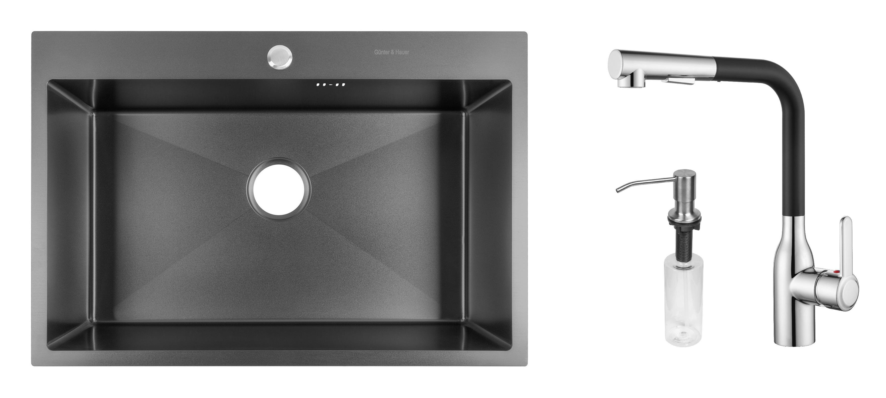 Комплект из кухонной мойки Gunter&Hauer Odenbach 7522 Black и кухонного смесителя Gunter&Hauer DUNKEL Cr-Bl