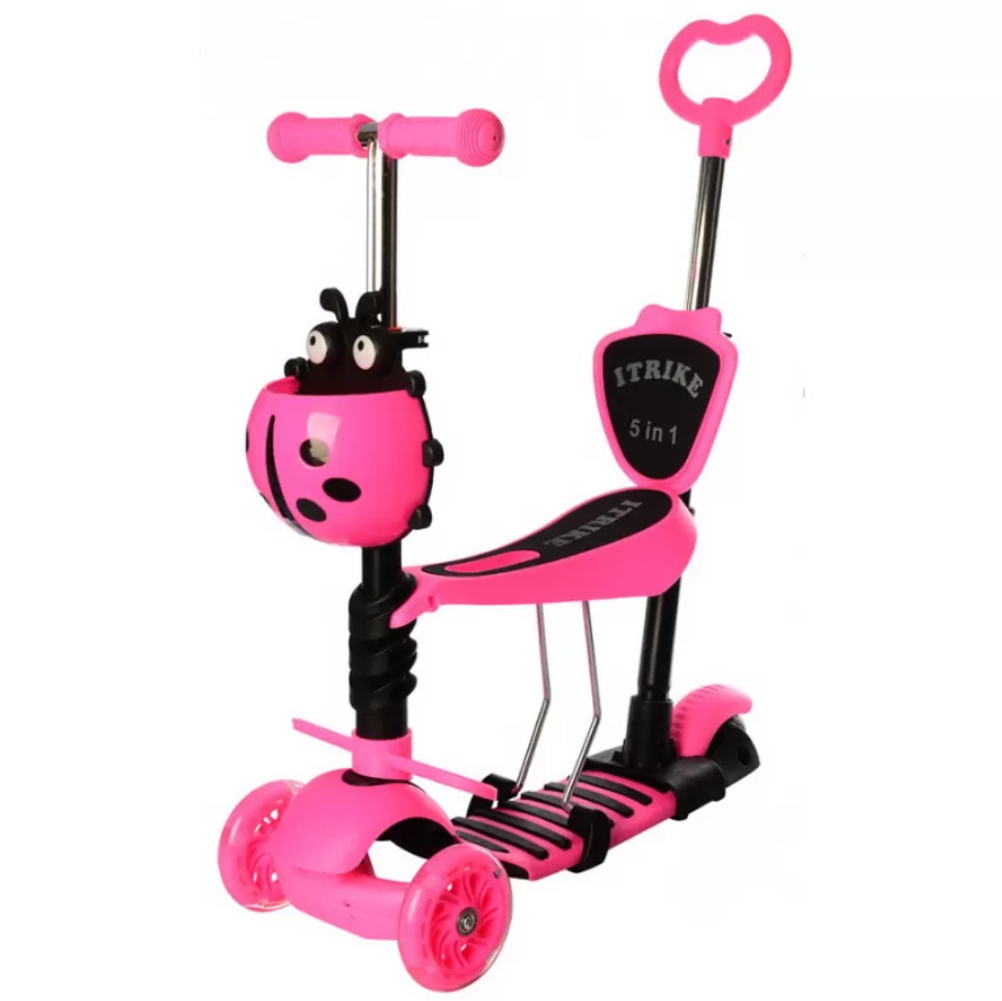 Самокат беговел 5в1 Scooter PC0336 с родительской ручкой и корзинкой Розовый