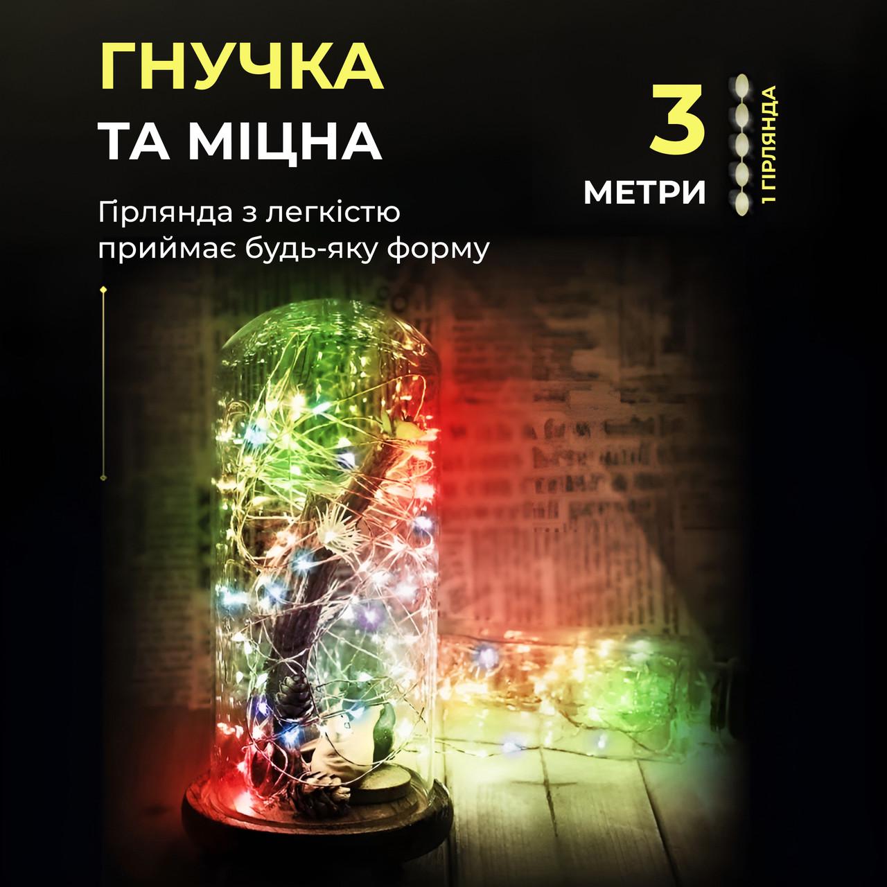 Гирлянда-роса на батарейках 30 LED нить на белом проводе 3 м Разноцветный (5324) - фото 9 Гирлянда-роса на батарейках 30 LED нить на белом проводе 3 м Разноцветный (5324) - фото 9
