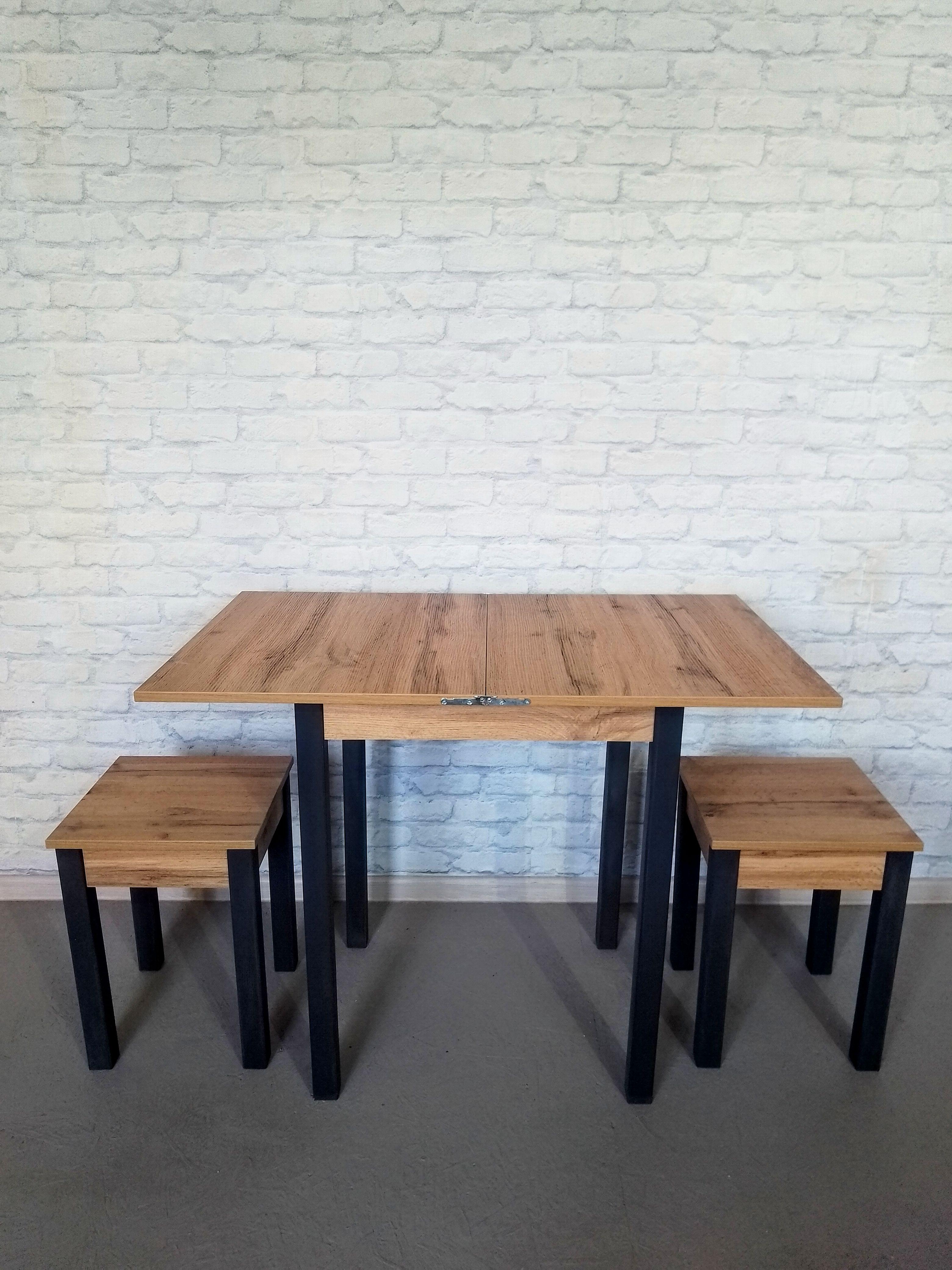 Обеденный стол и 2 табурета Смарт раскладной/ножки деревянные 60х50х75 см/34х34х45 см Дуб аппалачи/Графитовый (0023) - фото 1 Обеденный стол и 2 табурета Смарт раскладной/ножки деревянные 60х50х75 см/34х34х45 см Дуб аппалачи/Графитовый (0023) - фото 1