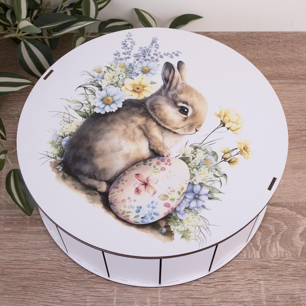 Коробка круглая деревянная Кролик с писанкой и цветами 40 см (4982-22)