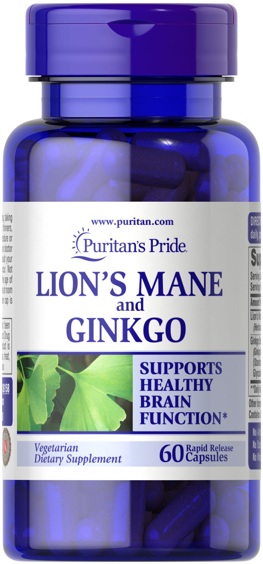 Вітаміни Їжовик гребінчастий і гінкго білоба Puritan's Pride Lion's Mane Mushroom 1000 мг and Ginkgo 120 мг 60 капсул