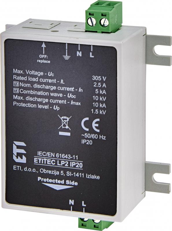 Ограничитель перенапряжения ETI ETITEC LP2 2P 10кА 230 В Класc 2+3 C+D IP20 для LED оборудования (2442982)