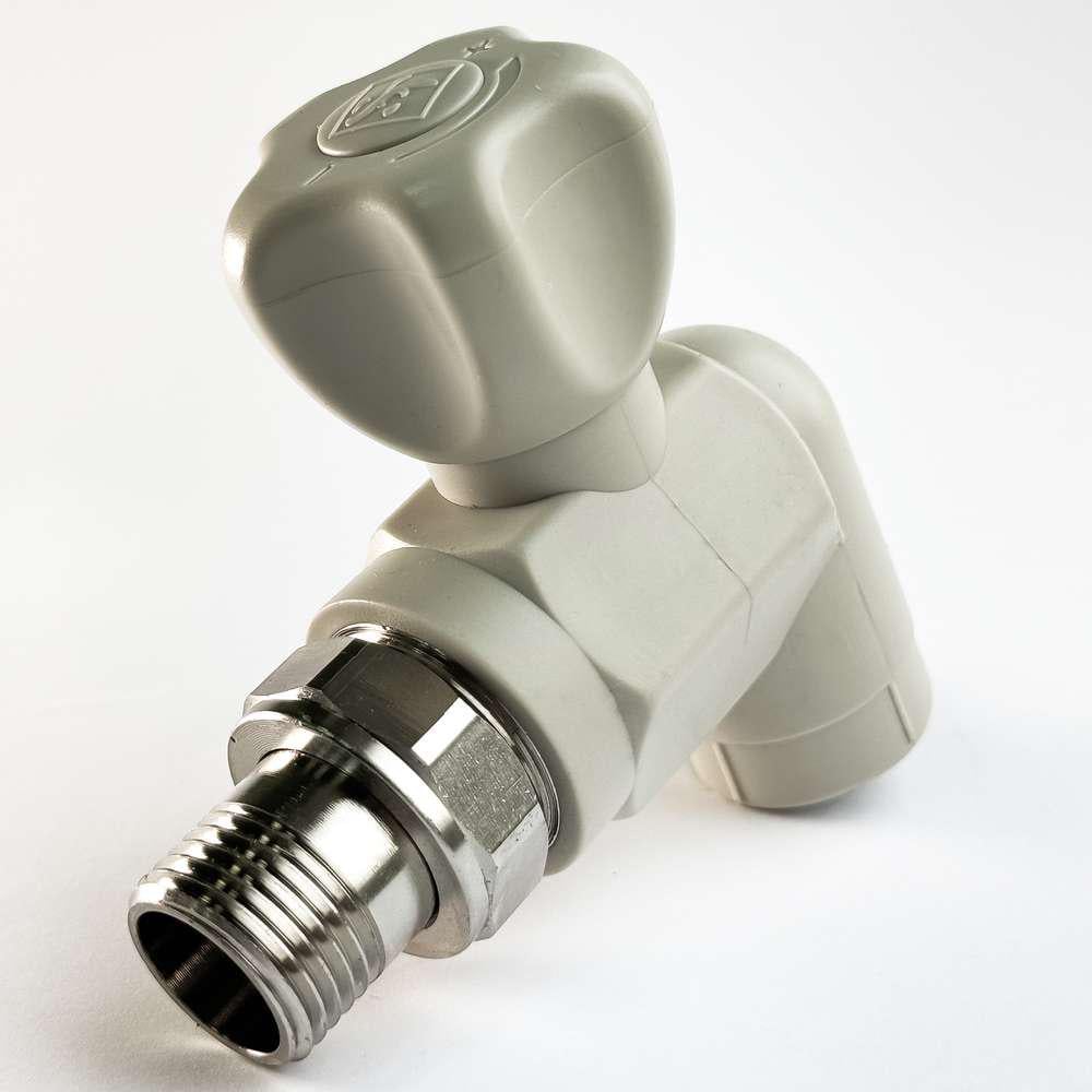 Кран радиаторный угловой PP-R SANTAN шаровой с накидной гайкой 20 мм х 1/2" (53943)