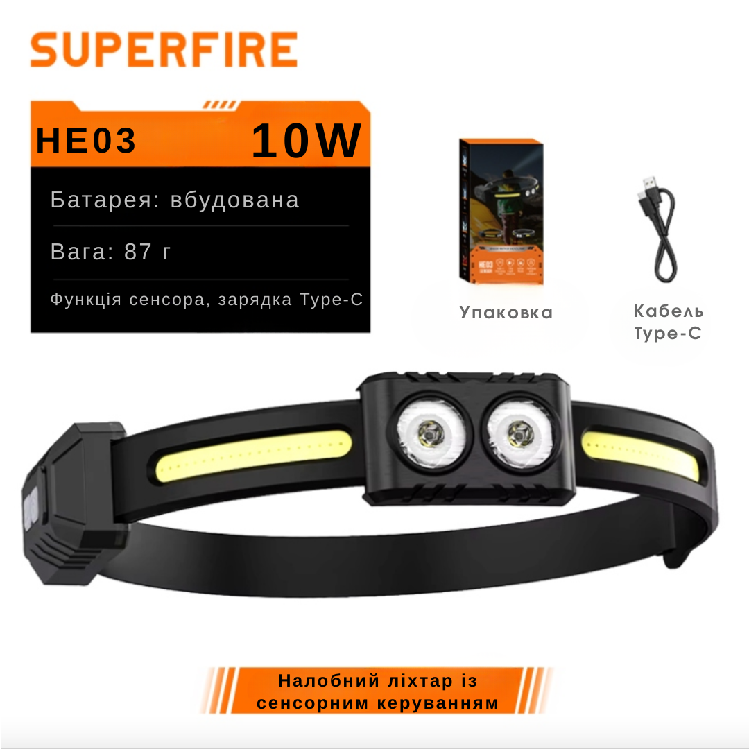 Ліхтар налобний SuperFire HE03 із двома джерелами світла LED/COB (2833256304) - фото 7