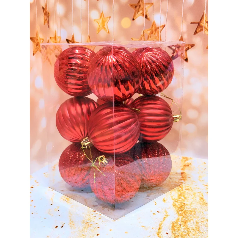 Набор елочных игрушек Рельеф пластиковый круглый 12 шт. 8 см Красный (2782047849)