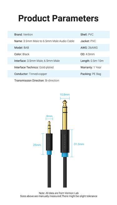 Кабель Vention 6.5 мм Jack-3.5 мм minijack HiFi стерео AUX на 6.35 мм TRS 3 м Чорний (BABBI) - фото 9 Кабель Vention 6.5 мм Jack-3.5 мм minijack HiFi стерео AUX на 6.35 мм TRS 3 м Чорний (BABBI) - фото 9