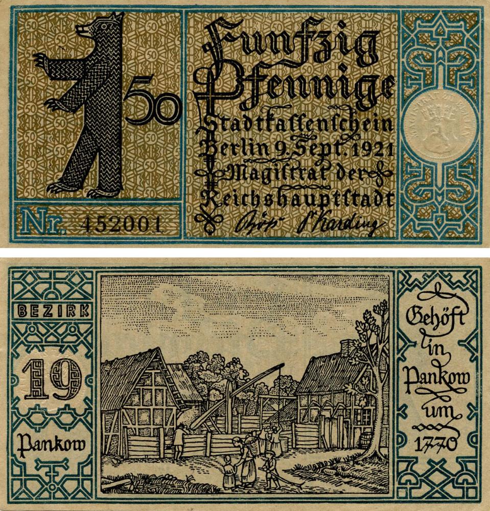 Коллекционная банкнота Германия Нотгельд 50 пфеннигов 1921 F-VF Берлин Разновидность 14 (Б18847)